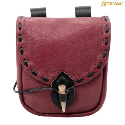 Mythrojan “The Adventurer’s” Belt Bag with Horn Toggle, Ideal for SCA LARP Reenactment &amp; Ren Fair, Full Grain Leather, Wine Red 7”