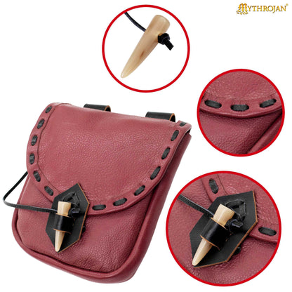 Mythrojan “The Adventurer’s” Belt Bag with Horn Toggle, Ideal for SCA LARP Reenactment &amp; Ren Fair, Full Grain Leather, Wine Red 7”