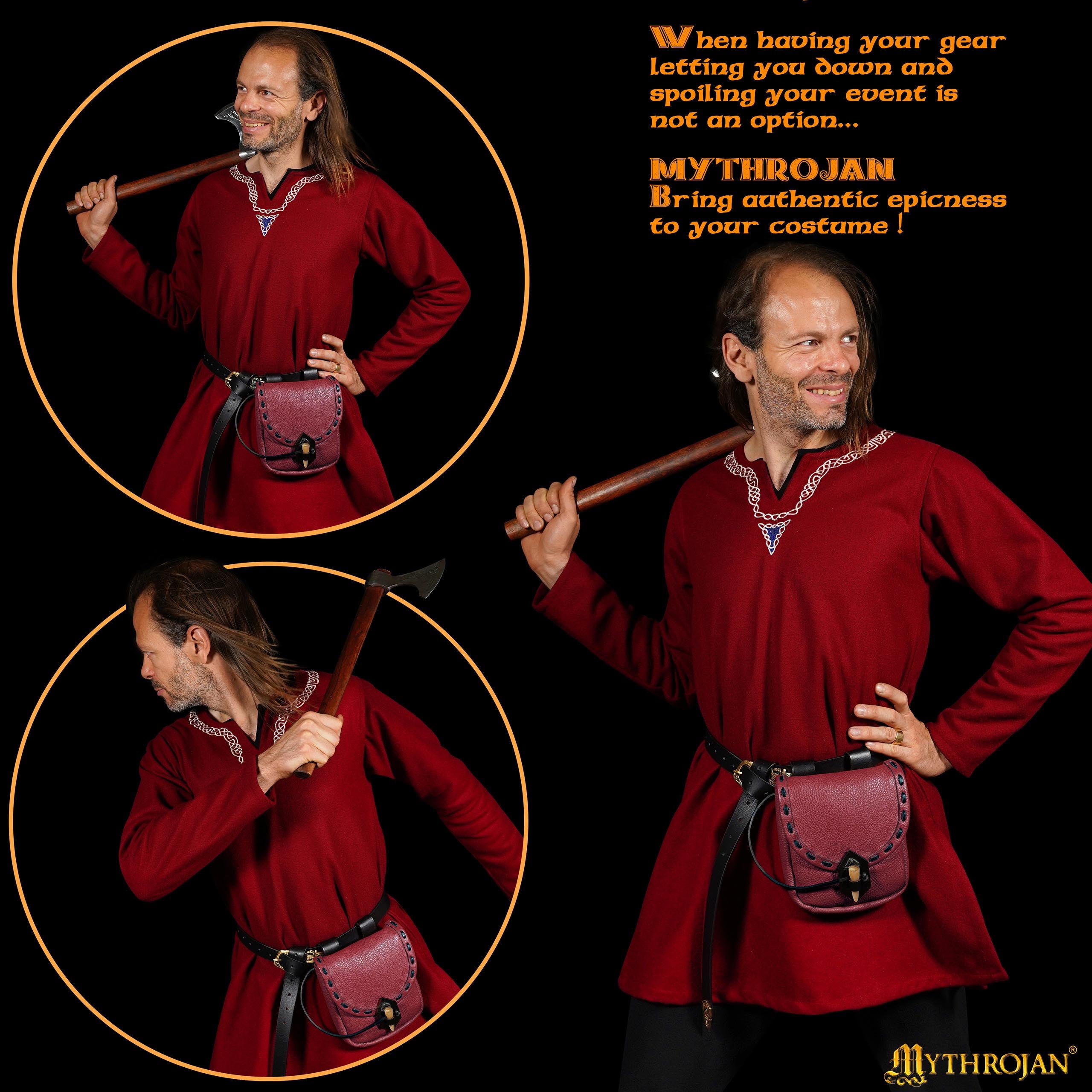 Mythrojan “The Adventurer’s” Belt Bag with Horn Toggle, Ideal for SCA LARP Reenactment &amp; Ren Fair, Full Grain Leather, Wine Red 7”