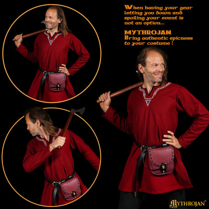 Mythrojan “The Adventurer’s” Belt Bag with Horn Toggle, Ideal for SCA LARP Reenactment &amp; Ren Fair, Full Grain Leather, Wine Red 7”
