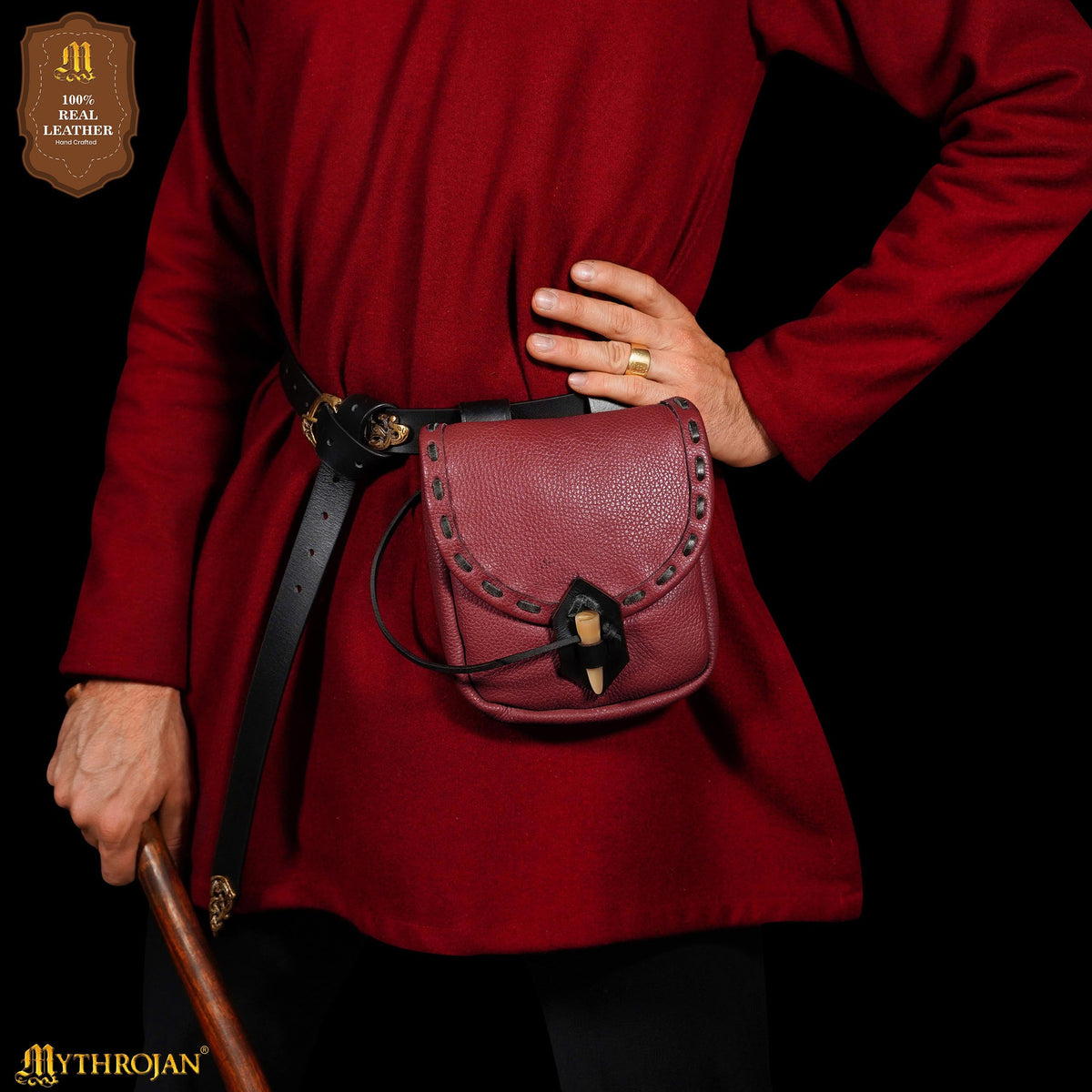 Mythrojan “The Adventurer’s” Belt Bag with Horn Toggle, ideal for SCA LARP reenactment &amp; Ren fair, Full Grain Leather, Black 7”