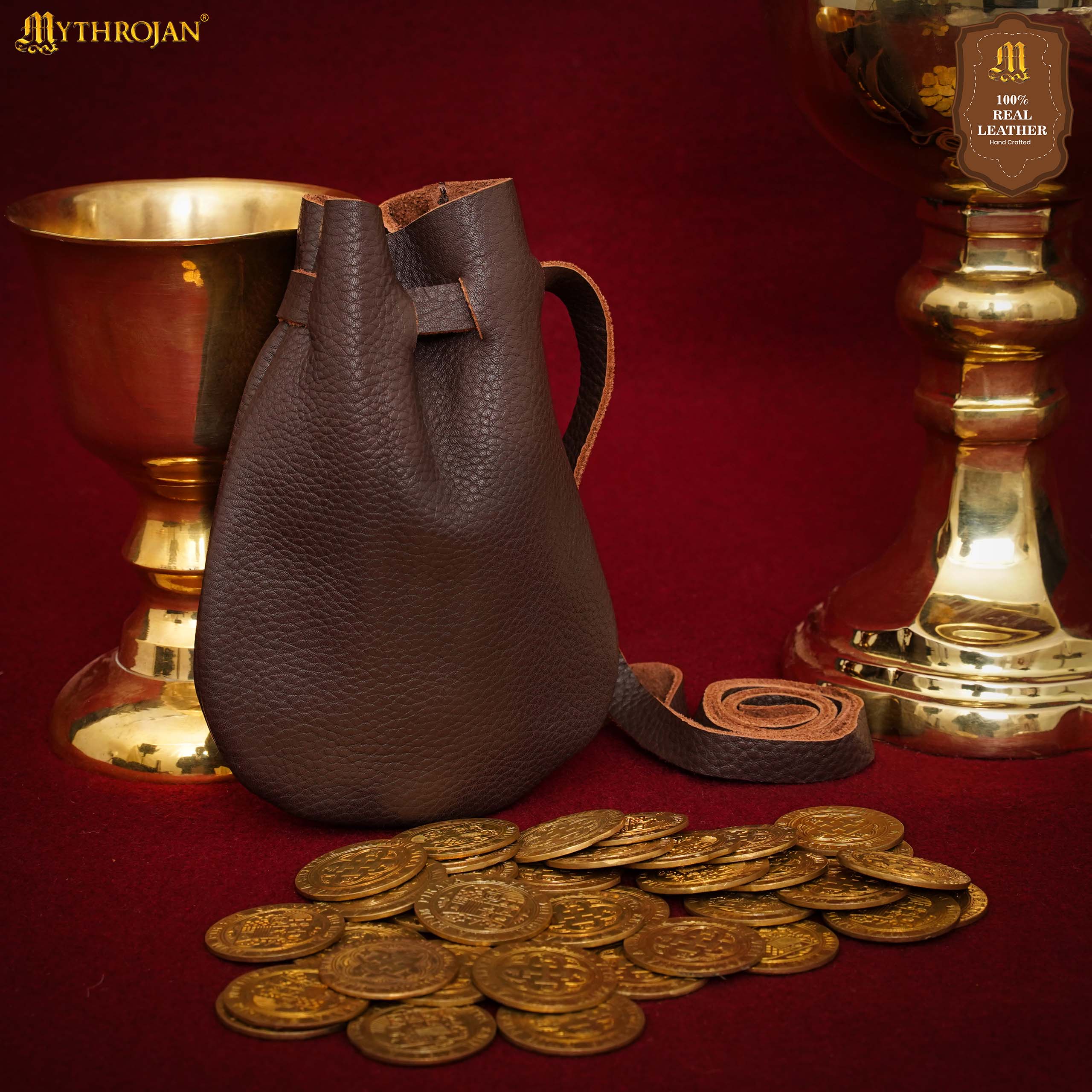 Mythrojan “Gold and Dice” Medieval Drawstring Bag, Ideal for SCA LARP Reenactment &amp; Ren fair - Full grain Leather Pouch, B rown 6” × 5"