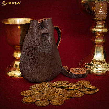 Mythrojan “Gold and Dice” Medieval Drawstring Bag, Ideal for SCA LARP Reenactment &amp; Ren fair - Full grain Leather Pouch, B rown 6” × 5"