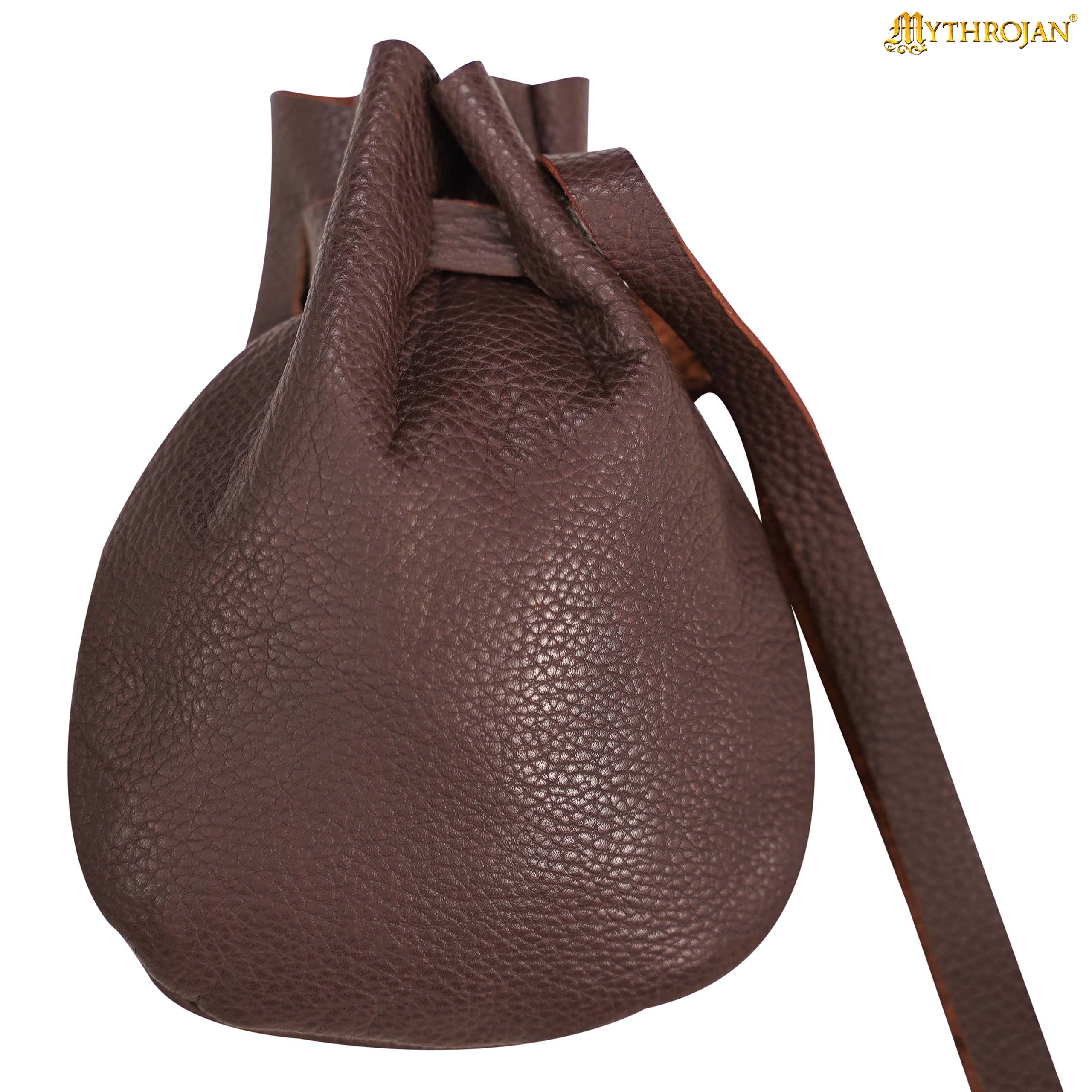 Mythrojan “Gold and Dice” Medieval Drawstring Bag, Ideal for SCA LARP Reenactment &amp; Ren fair - Full grain Leather Pouch, B rown 6” × 5"