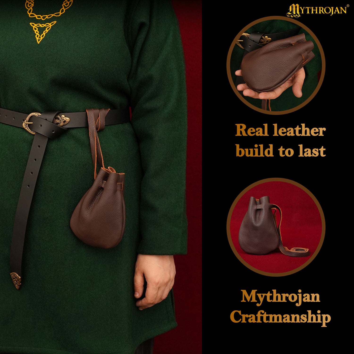 Mythrojan “Gold and Dice” Medieval Drawstring Bag, Ideal for SCA LARP Reenactment &amp; Ren fair - Full grain Leather Pouch, B rown 6” × 5"