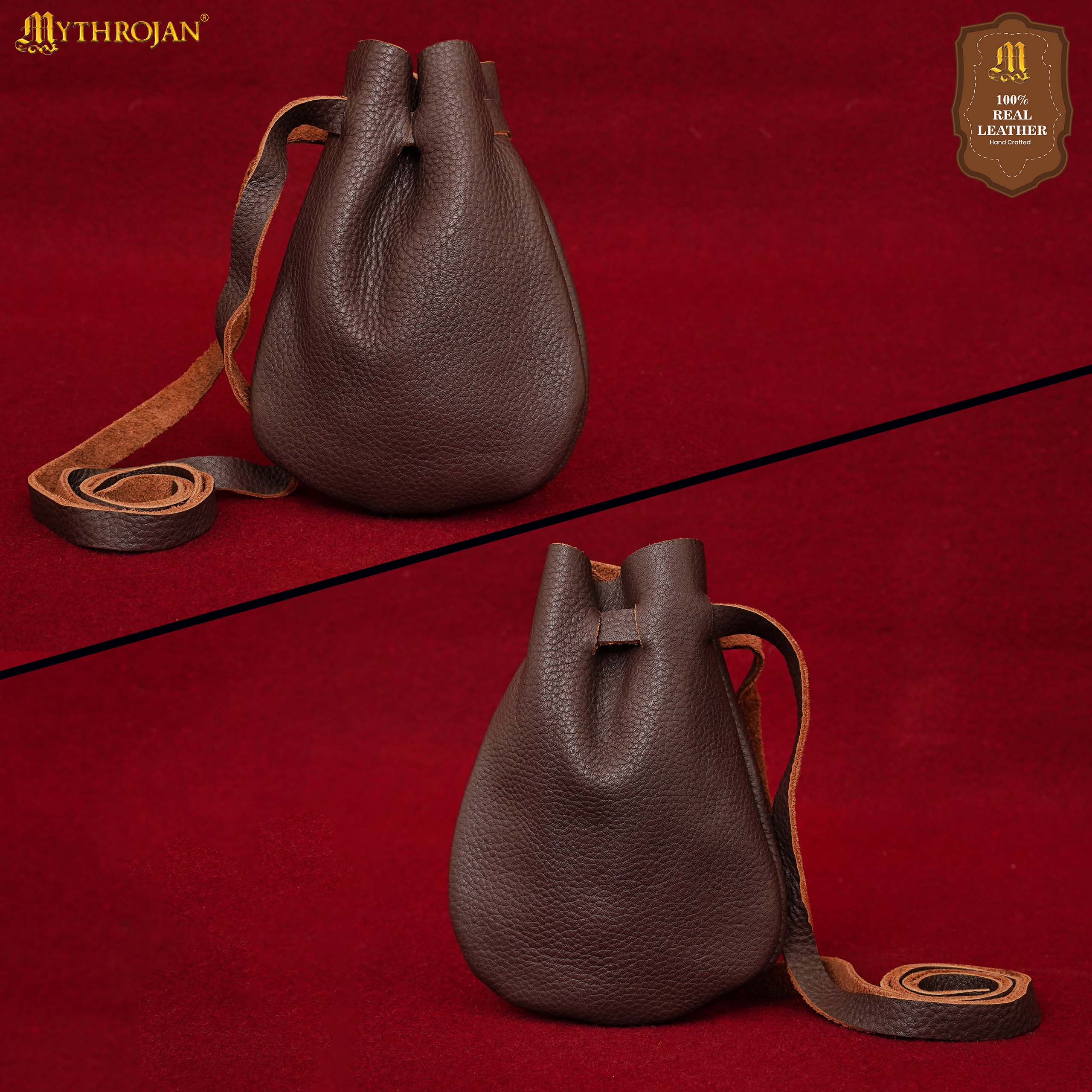 Mythrojan “Gold and Dice” Medieval Drawstring Bag, Ideal for SCA LARP Reenactment &amp; Ren fair - Full grain Leather Pouch, B rown 6” × 5"