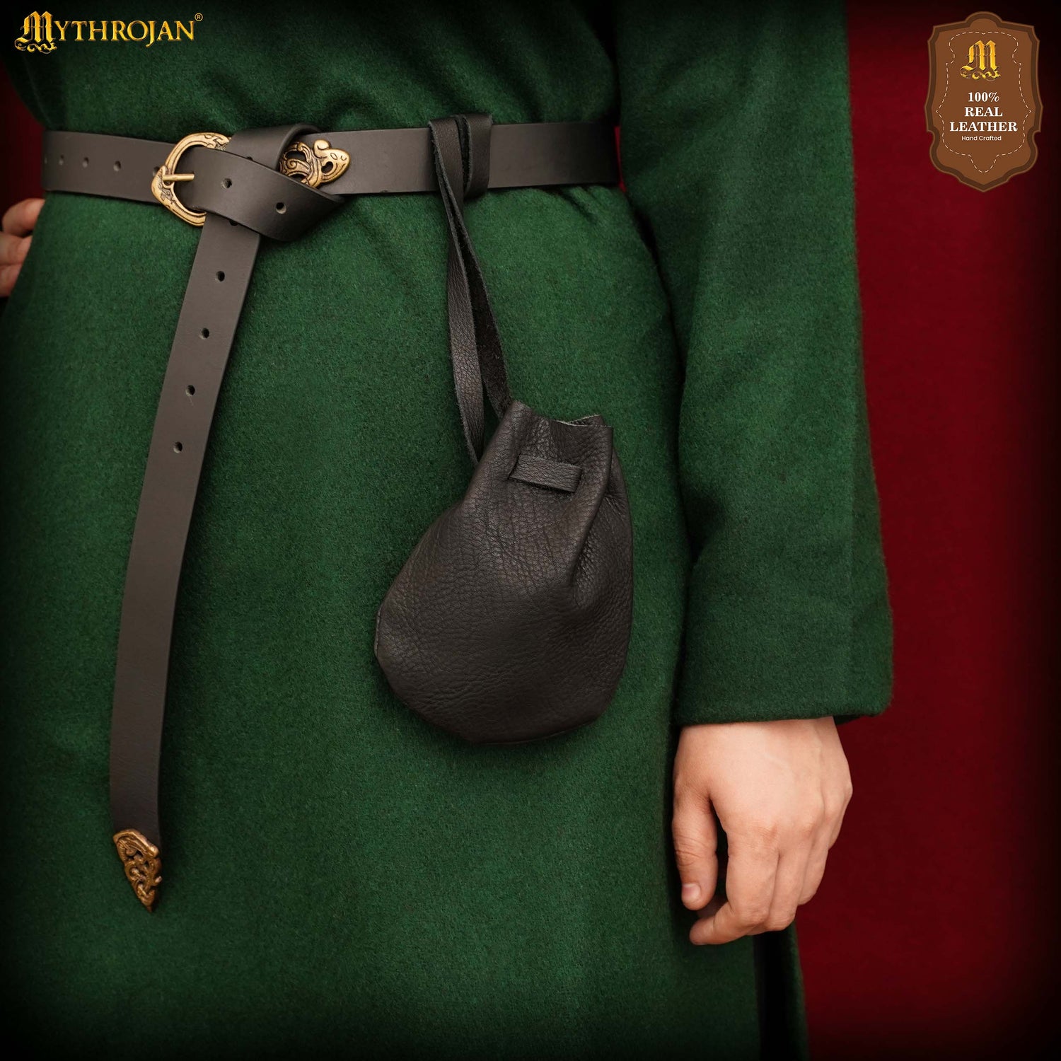 Mythrojan “Gold and Dice” Medieval Drawstring Bag, Ideal for SCA LARP Reenactment &amp; Ren fair - Full grain Leather Pouch, Black 6” × 5”