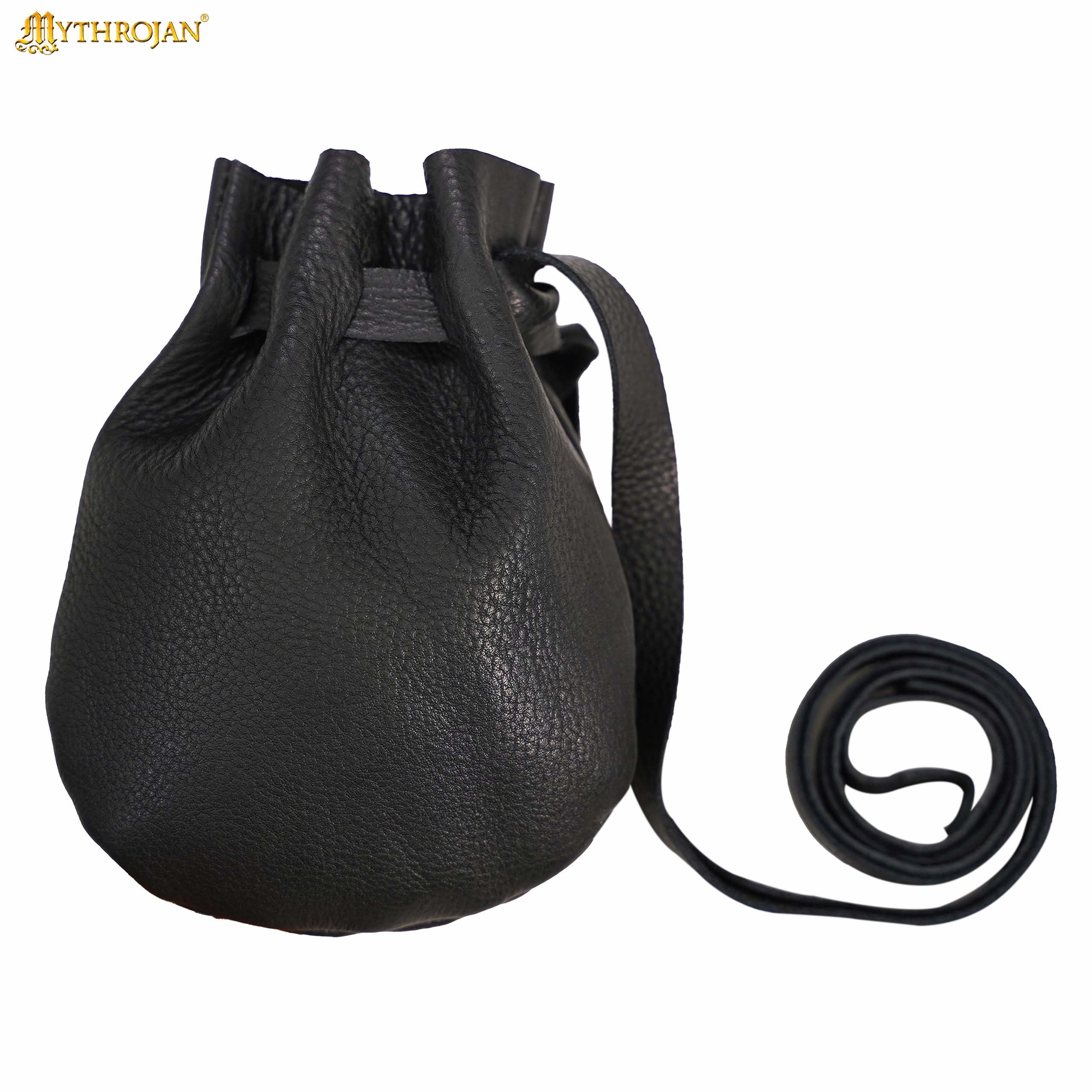 Mythrojan “Gold and Dice” Medieval Drawstring Bag, Ideal for SCA LARP Reenactment &amp; Ren fair - Full grain Leather Pouch, Black 6” × 5”