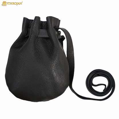 Mythrojan “Gold and Dice” Medieval Drawstring Bag, Ideal for SCA LARP Reenactment &amp; Ren fair - Full grain Leather Pouch, Black 6” × 5”