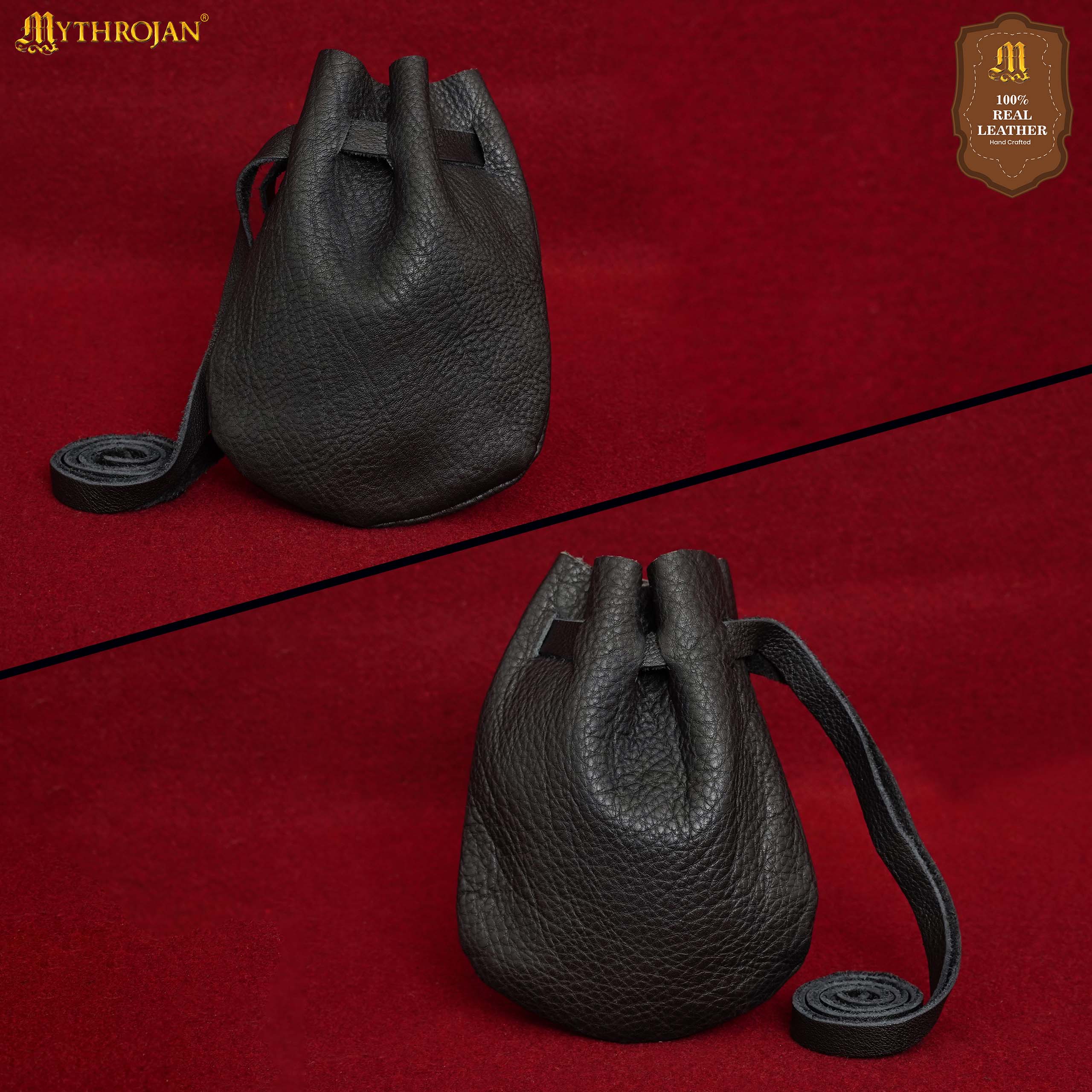 Mythrojan “Gold and Dice” Medieval Drawstring Bag, Ideal for SCA LARP Reenactment &amp; Ren fair - Full grain Leather Pouch, Black 6” × 5”