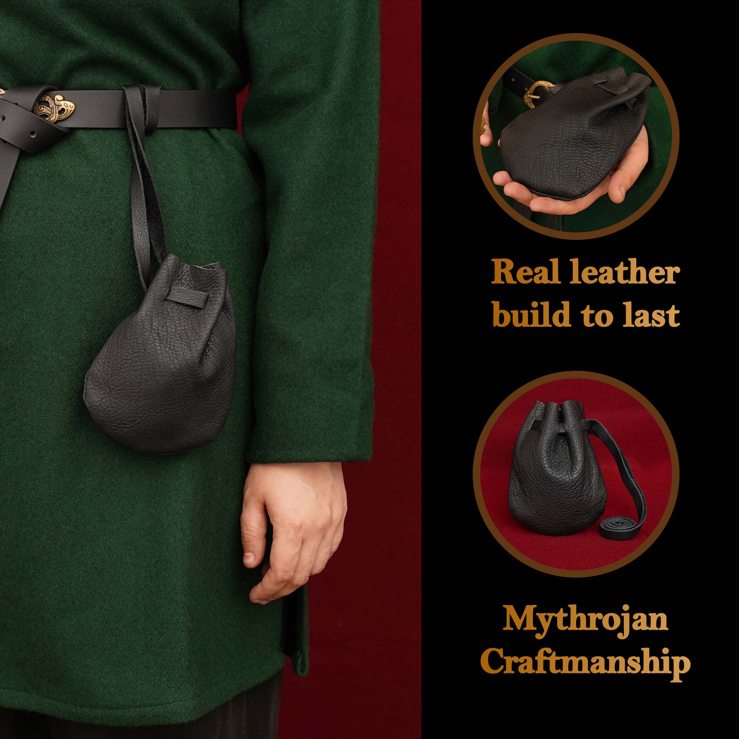 Mythrojan “Gold and Dice” Medieval Drawstring Bag, Ideal for SCA LARP Reenactment &amp; Ren fair - Full grain Leather Pouch, Black 6” × 5”