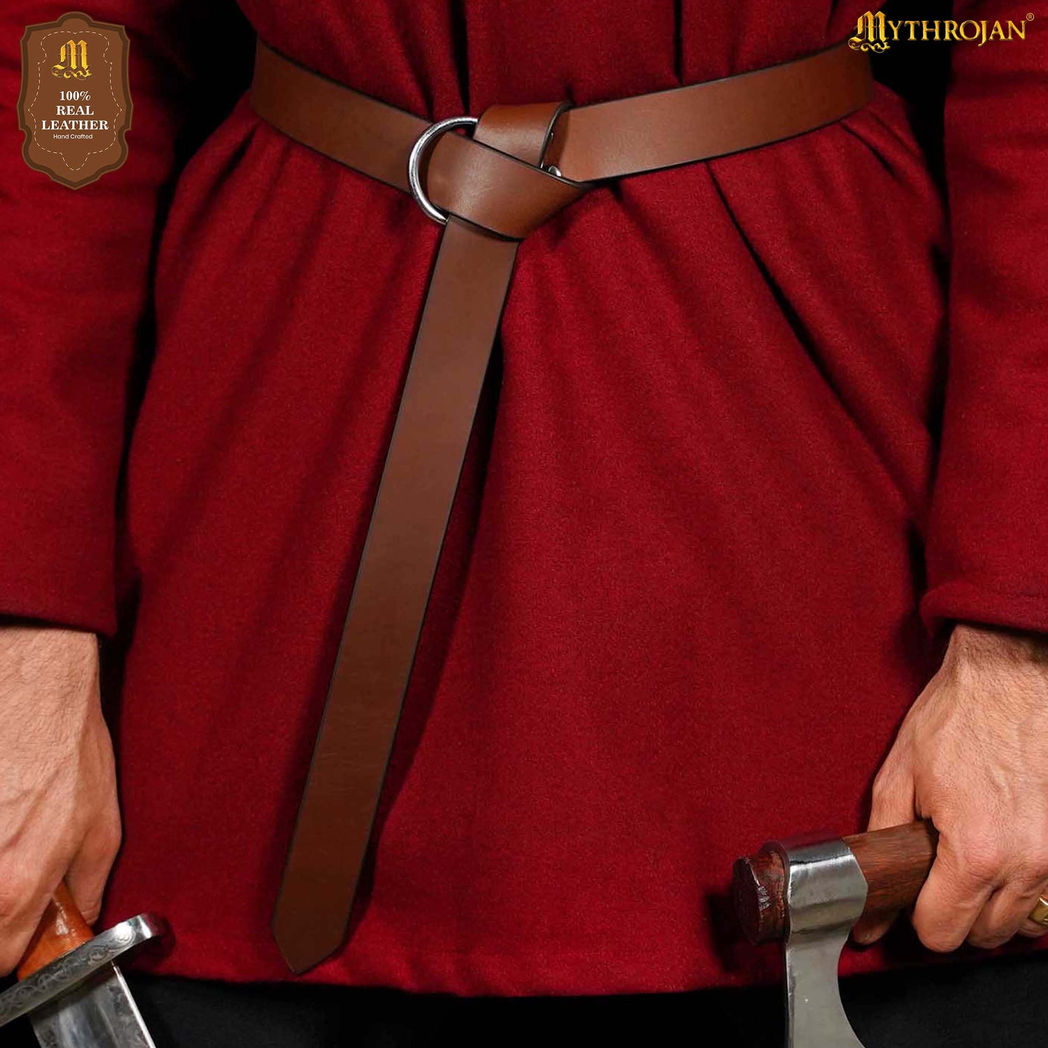 Mythrojan O - Ring Medieval Leather Belt, Ideal for LARP SCA Warrior Gothic Renaissance, BROWN