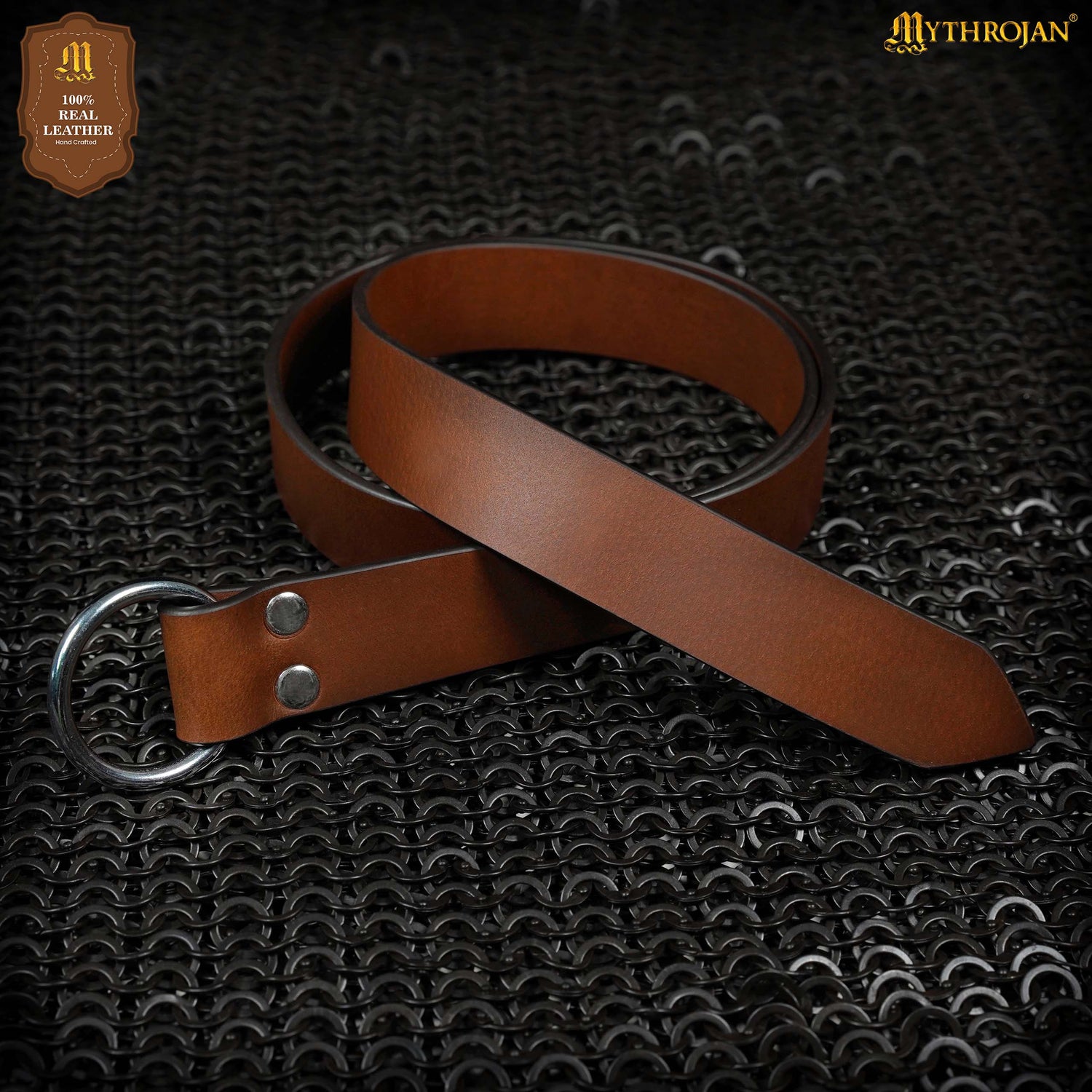 Mythrojan O - Ring Medieval Leather Belt, Ideal for LARP SCA Warrior Gothic Renaissance, BROWN
