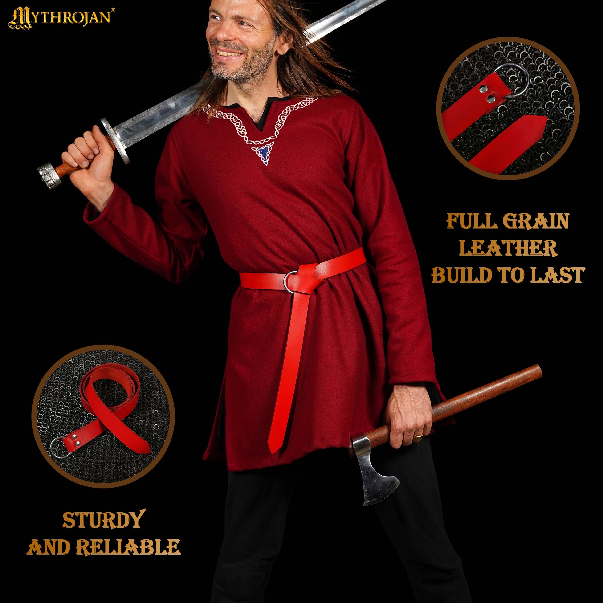 Mythrojan O - Ring Medieval Leather Belt, Ideal for LARP SCA Warrior Gothic Renaissance, RED