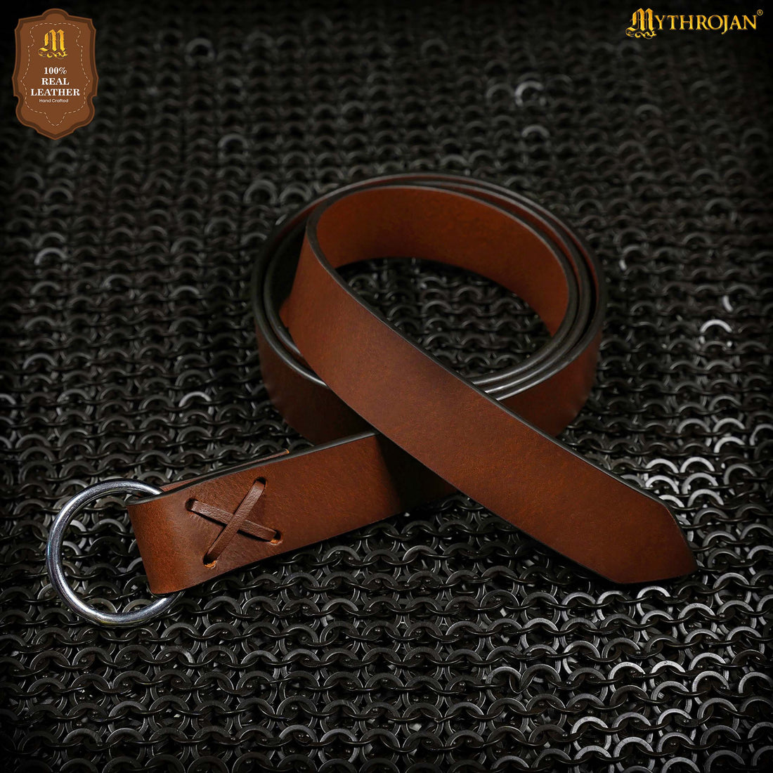Mythrojan O - Ring Medieval Leather Belt , Ideal for LARP SCA Warrior Gothic Renaissance , Full Grain Leather, Brown