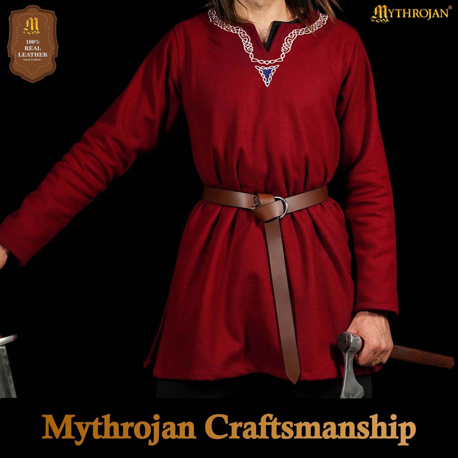 Mythrojan O - Ring Medieval Leather Belt , Ideal for LARP SCA Warrior Gothic Renaissance , Full Grain Leather, Brown