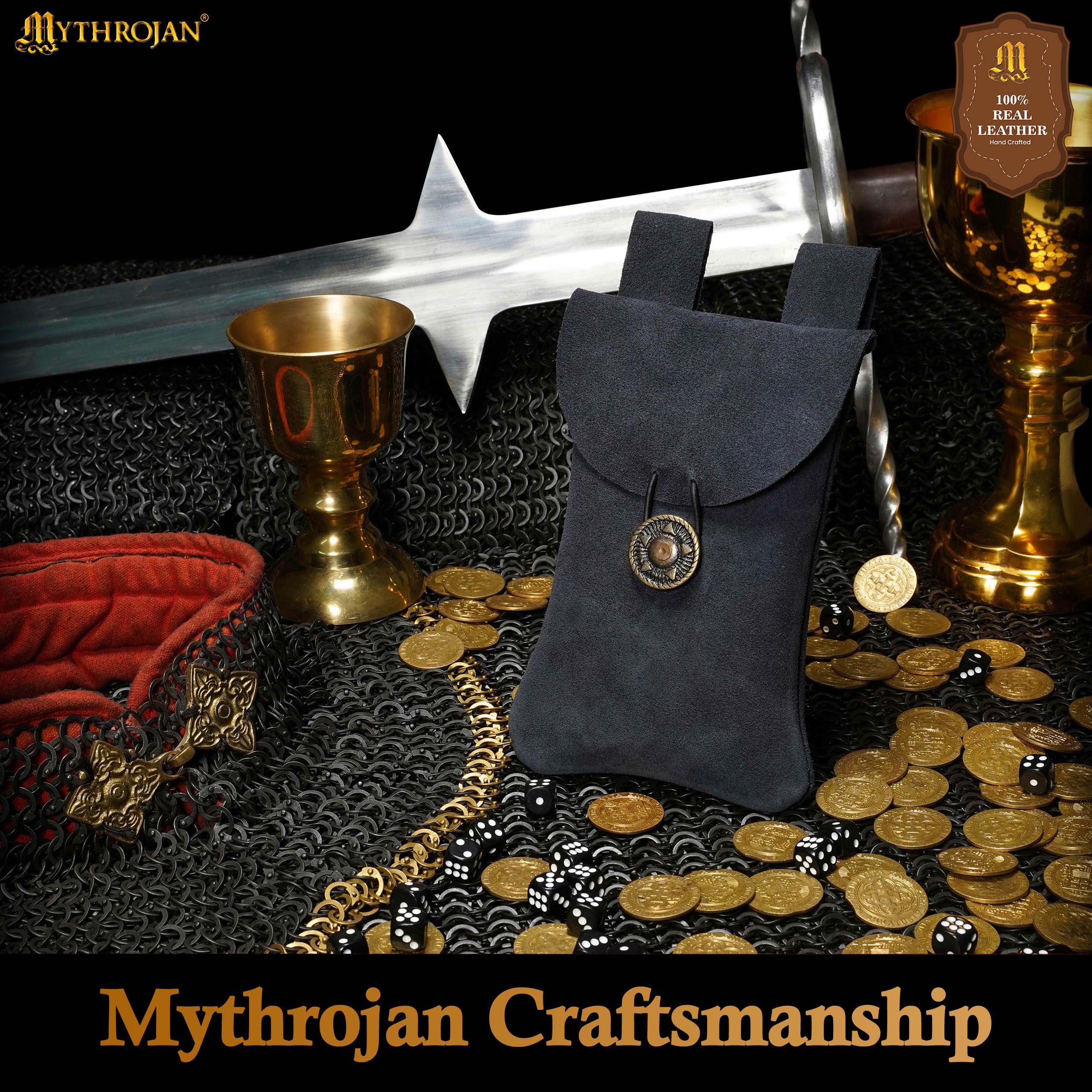 Mythrojan Suede Belt Bag, ideal for SCA LARP reenactment &amp; Ren fair, Suede Leather, Midnight Navy Blue, 7.2”×4.7”