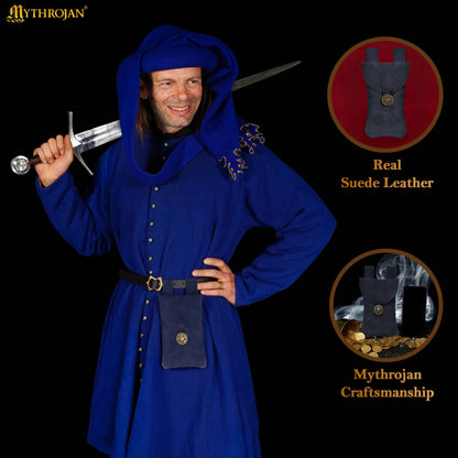 Mythrojan Suede Belt Bag, ideal for SCA LARP reenactment &amp; Ren fair, Suede Leather, Midnight Navy Blue, 7.2”×4.7”