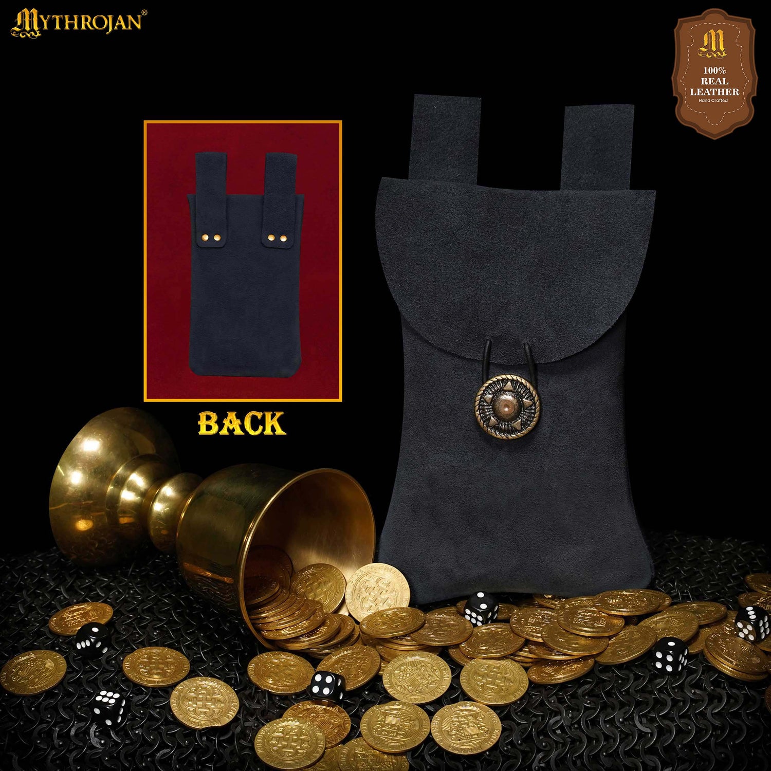 Mythrojan Suede Belt Bag, ideal for SCA LARP reenactment &amp; Ren fair, Suede Leather, Midnight Navy Blue, 7.2”×4.7”