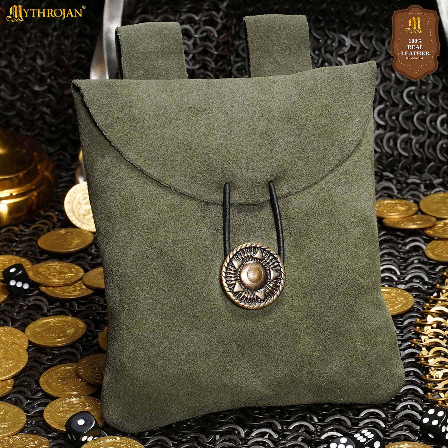 Mythrojan Suede Belt Bag, Ideal for SCA LARP Reenactment &amp; Ren fair, Suede Leather, Green , 5 .5”× 5.1 ”