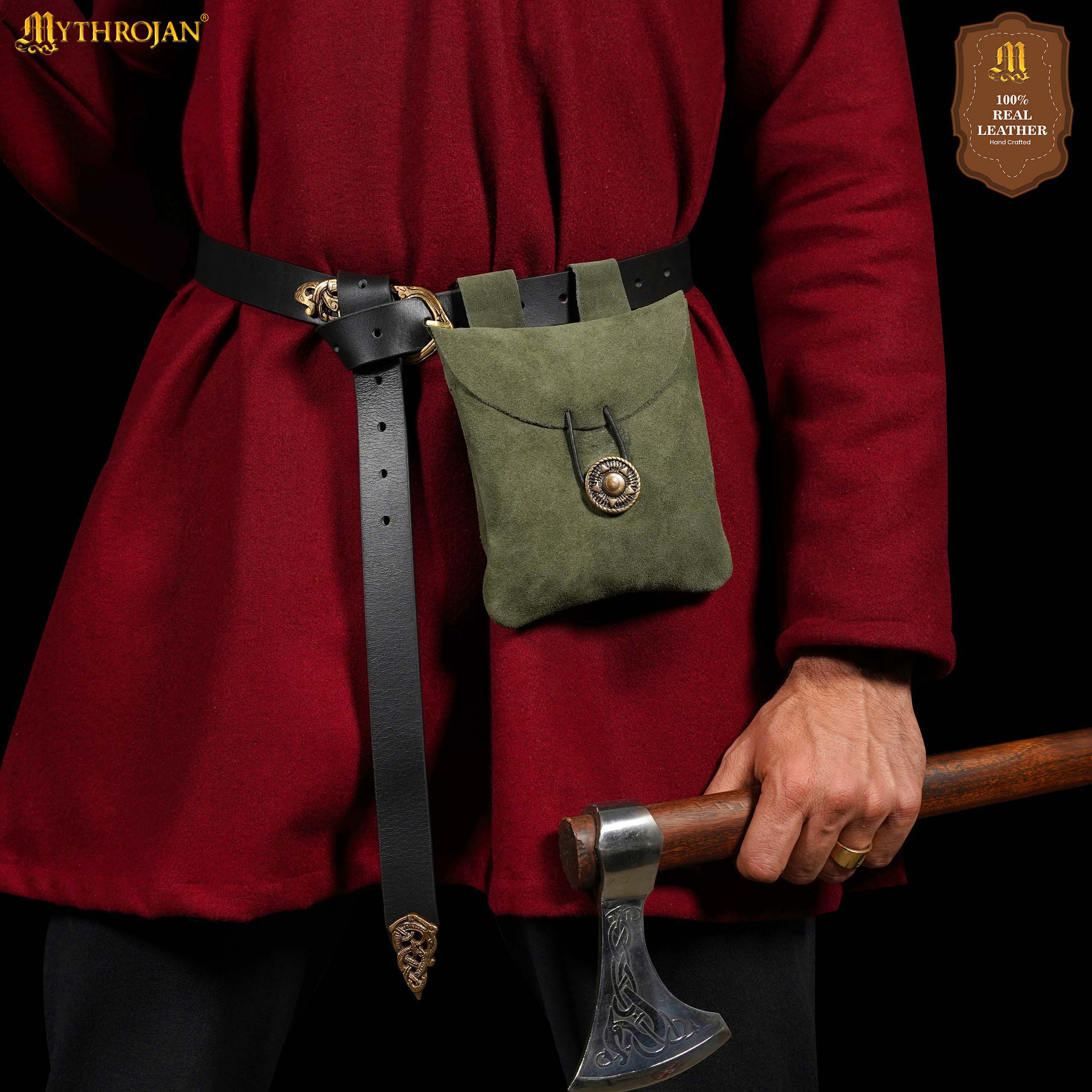 Mythrojan Suede Belt Bag, Ideal for SCA LARP Reenactment &amp; Ren fair, Suede Leather, Green , 5 .5”× 5.1 ”