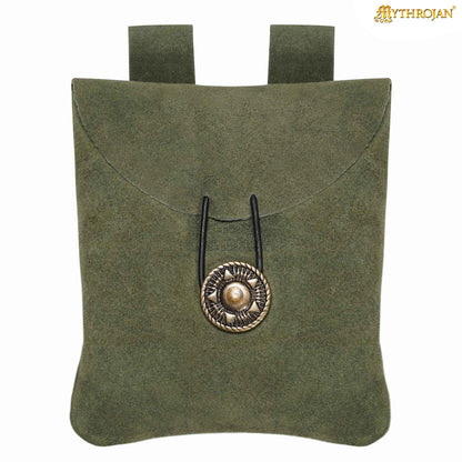 Mythrojan Suede Belt Bag, Ideal for SCA LARP Reenactment &amp; Ren fair, Suede Leather, Green , 5 .5”× 5.1 ”