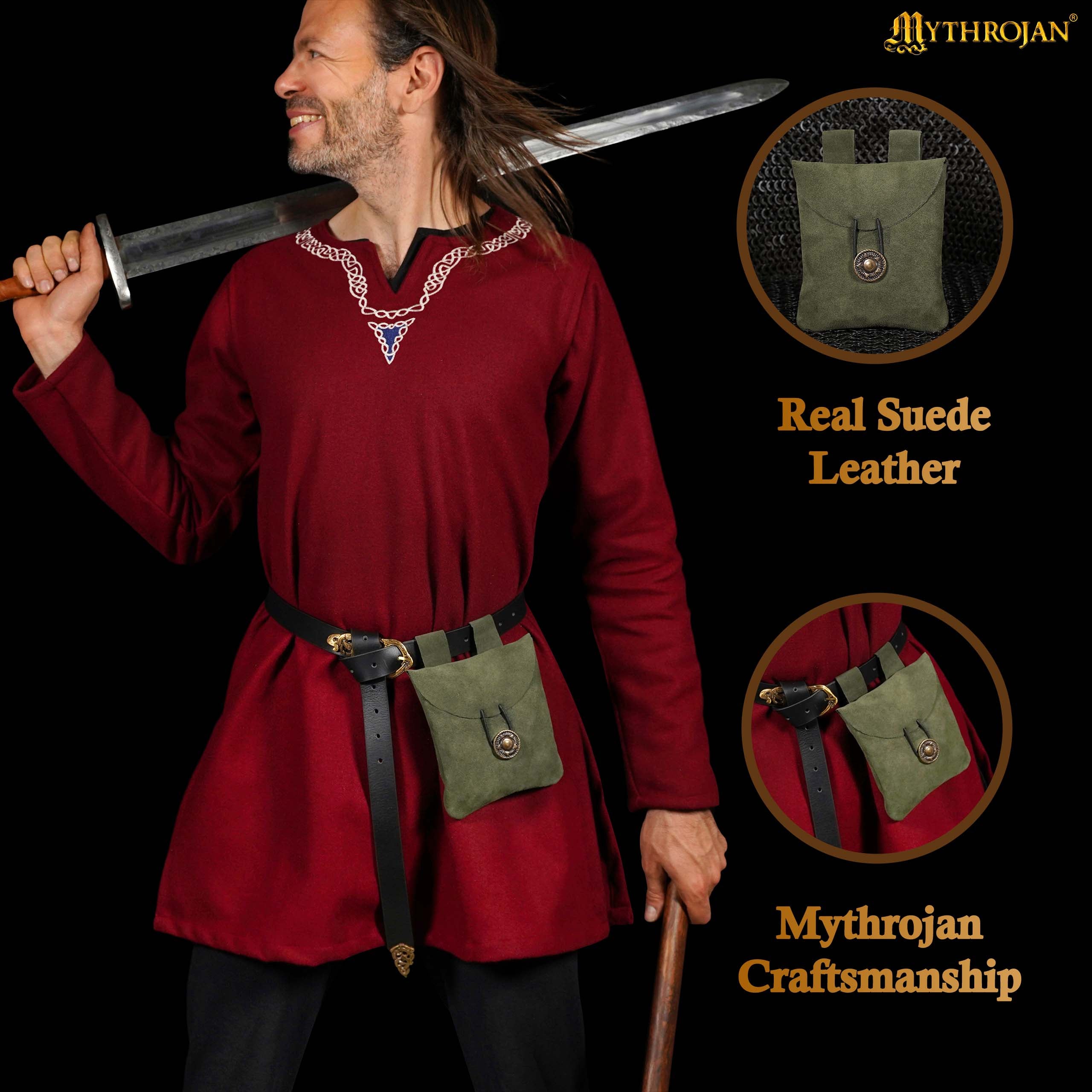 Mythrojan Suede Belt Bag, Ideal for SCA LARP Reenactment &amp; Ren fair, Suede Leather, Green , 5 .5”× 5.1 ”