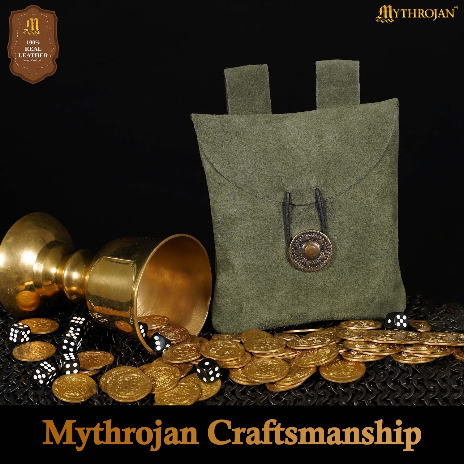 Mythrojan Suede Belt Bag, Ideal for SCA LARP Reenactment &amp; Ren fair, Suede Leather, Green , 5 .5”× 5.1 ”