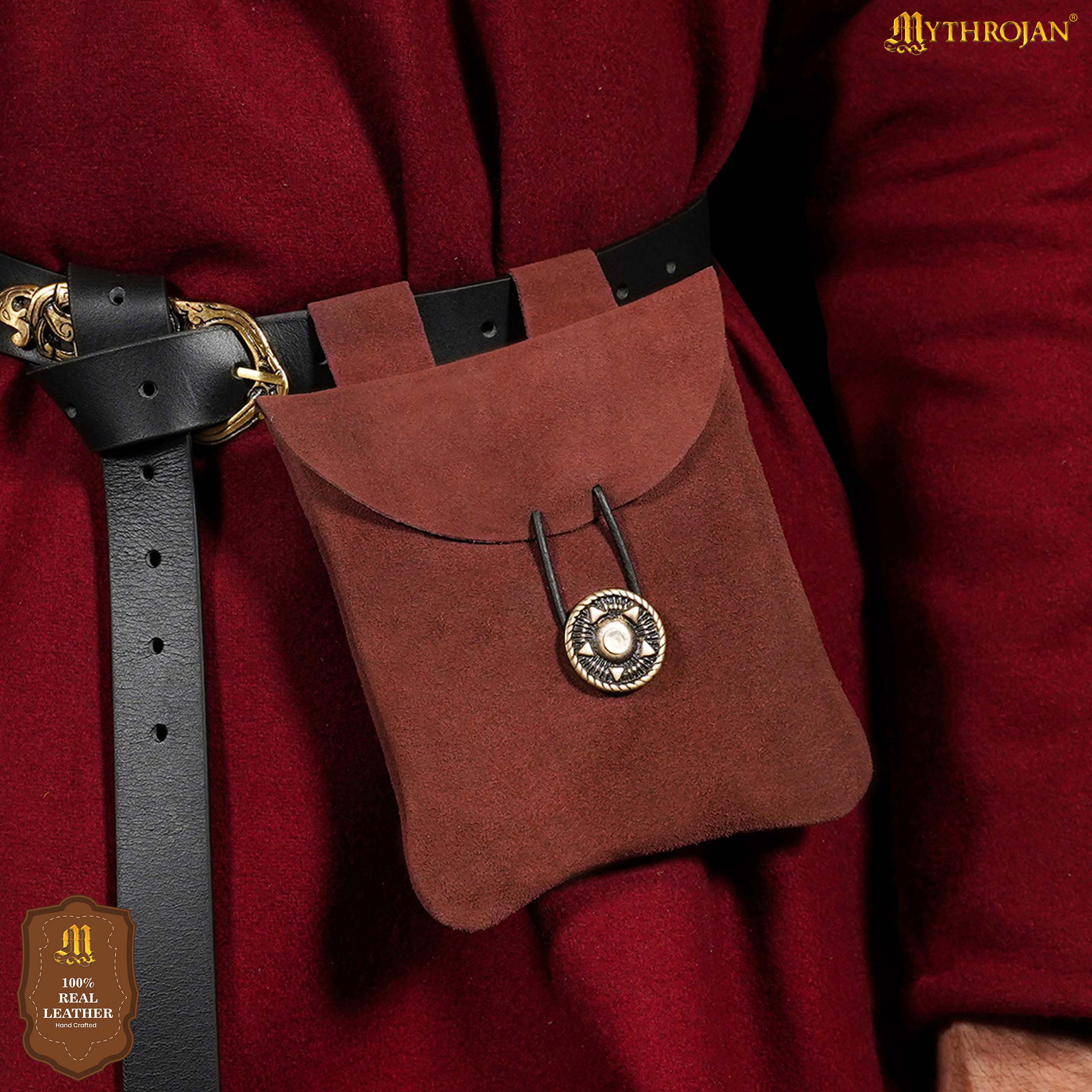 Mythrojan Suede Belt Bag, Ideal for SCA LARP Reenactment &amp; Ren fair, Suede Leather, Maroon , 5 .5”× 5.1 ”