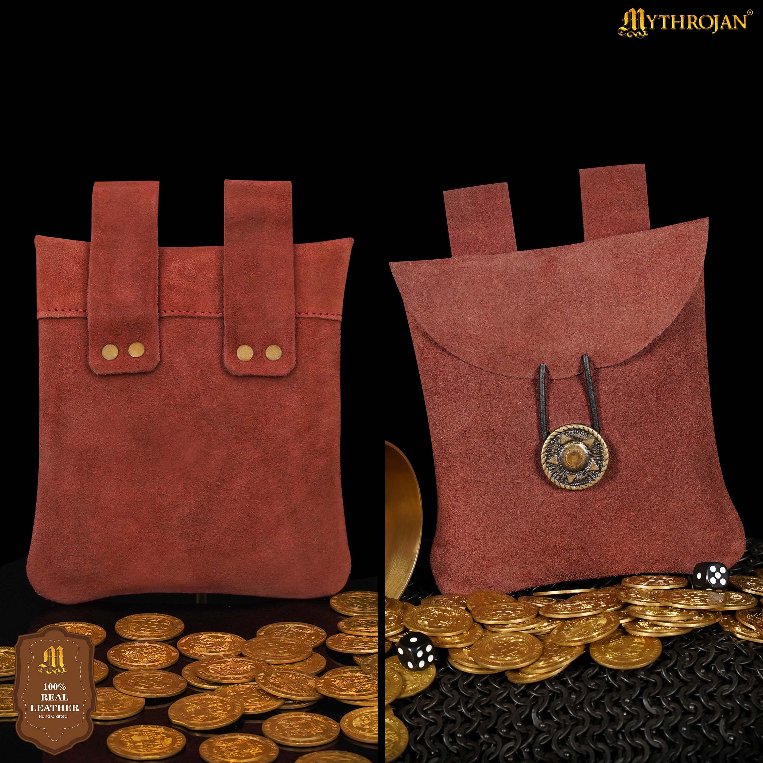 Mythrojan Suede Belt Bag, Ideal for SCA LARP Reenactment &amp; Ren fair, Suede Leather, Maroon , 5 .5”× 5.1 ”