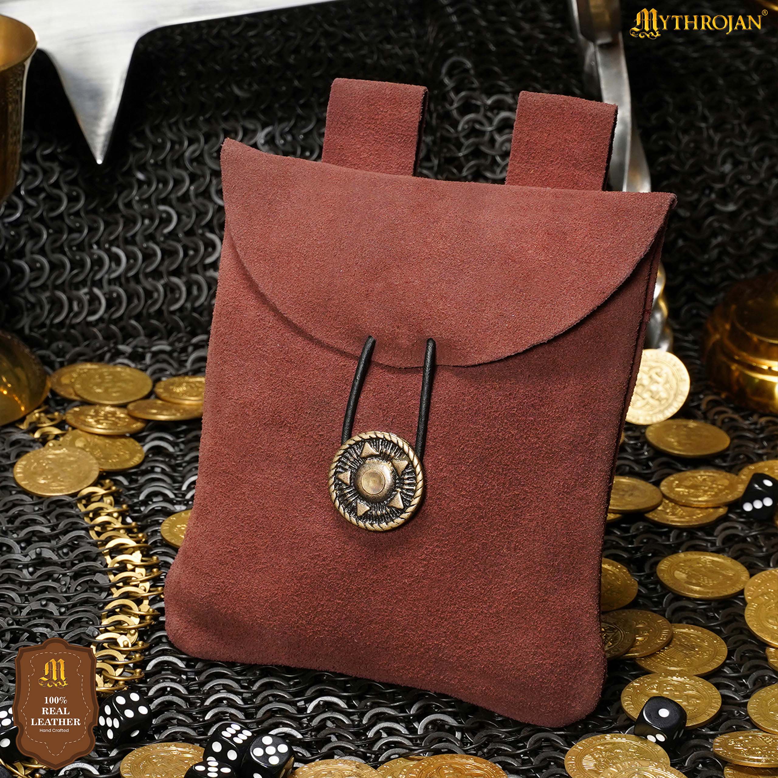 Mythrojan Suede Belt Bag, Ideal for SCA LARP Reenactment &amp; Ren fair, Suede Leather, Maroon , 5 .5”× 5.1 ”