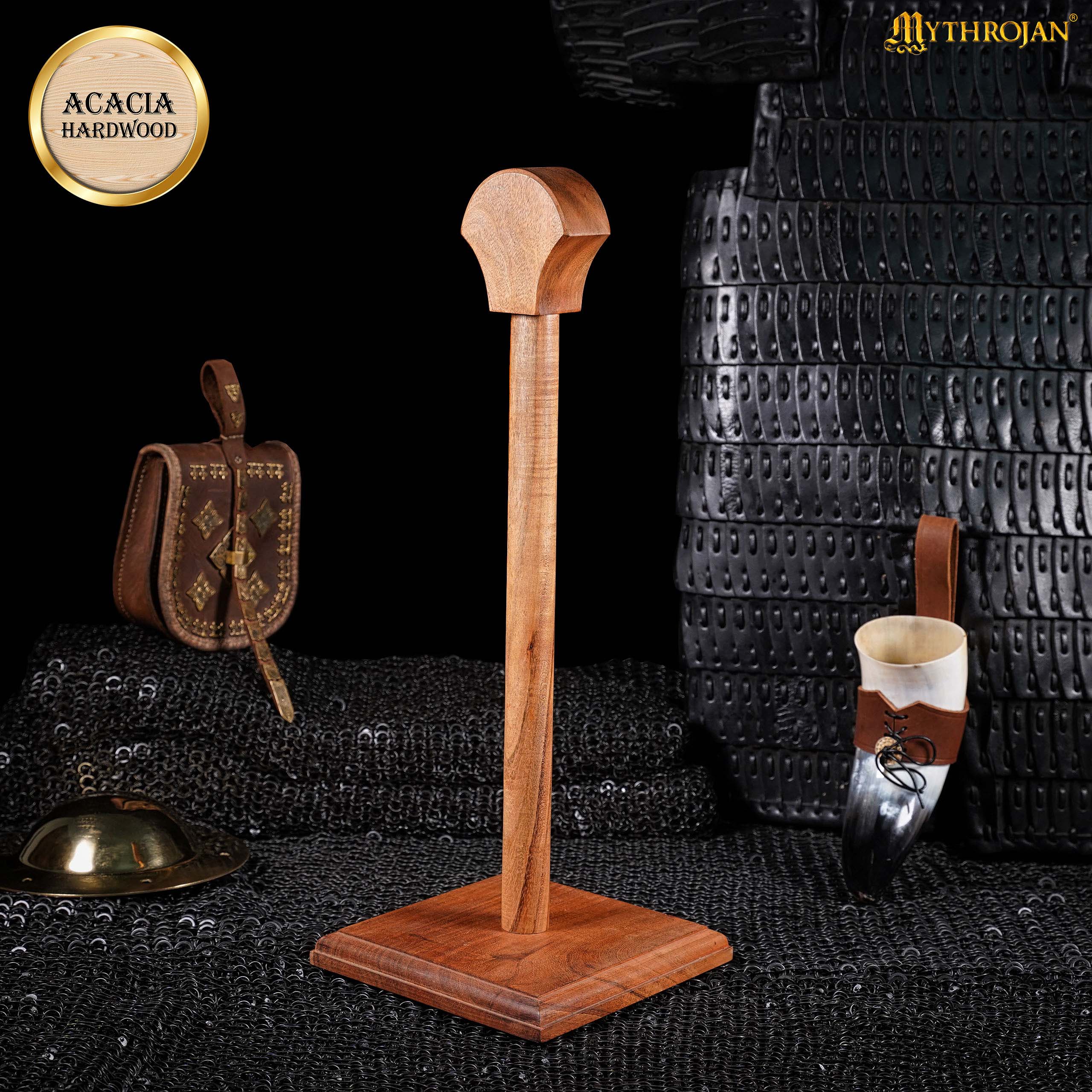 Mythrojan Wooden Helmet Stand Solid Medieval Roman Viking Helmet Display Stand Mask Display Templar Spartan Cosplay LARP Knight Stand - Natural