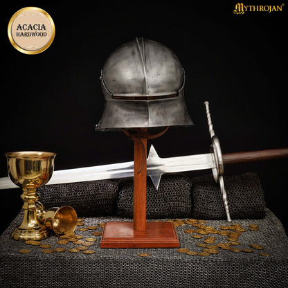 Mythrojan Wooden Helmet Stand Solid Medieval Roman Viking Helmet Display Stand Mask Display Templar Spartan Cosplay LARP Knight Stand - Natural
