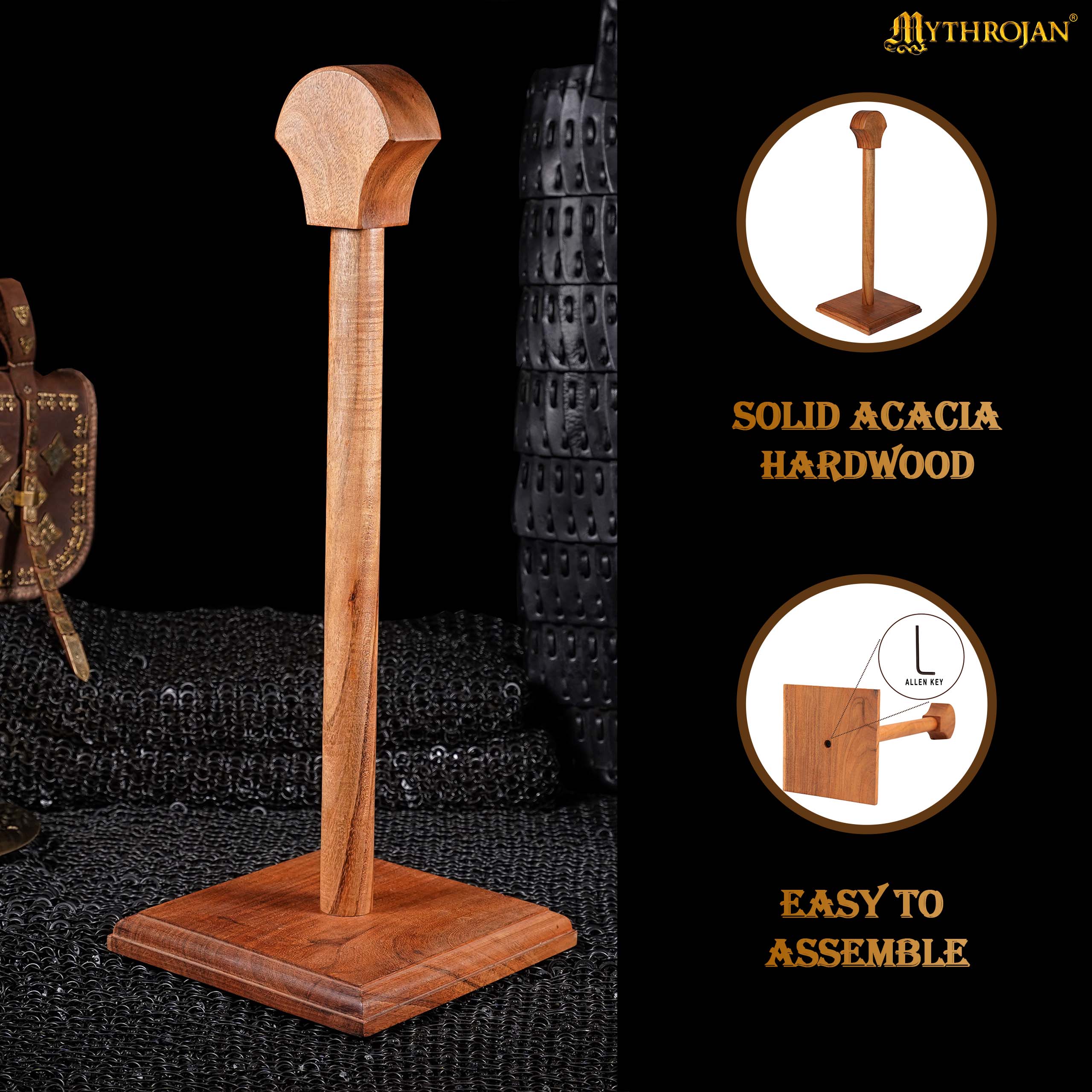 Mythrojan Wooden Helmet Stand Solid Medieval Roman Viking Helmet Display Stand Mask Display Templar Spartan Cosplay LARP Knight Stand - Natural