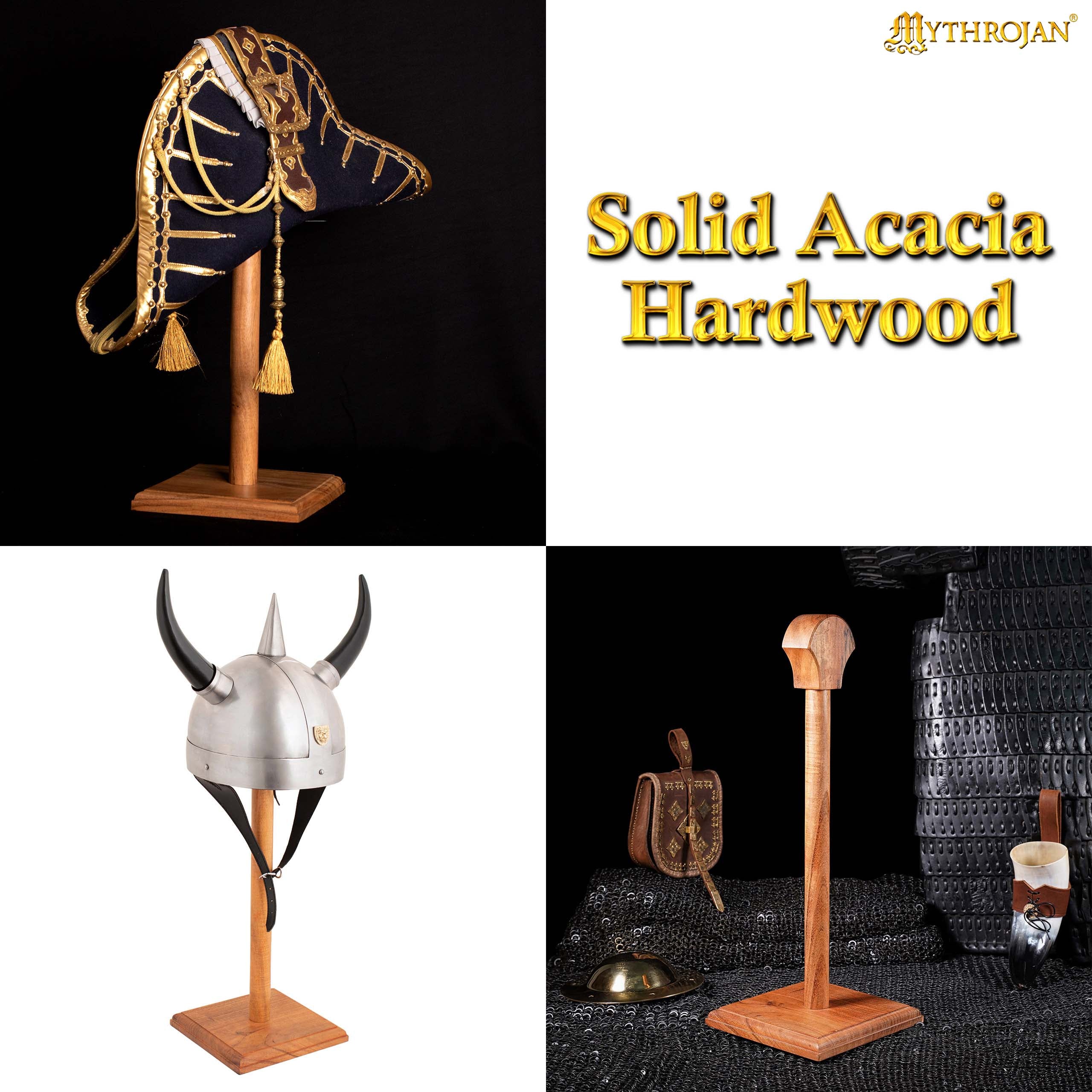 Mythrojan Wooden Helmet Stand Solid Medieval Roman Viking Helmet Display Stand Mask Display Templar Spartan Cosplay LARP Knight Stand - Natural