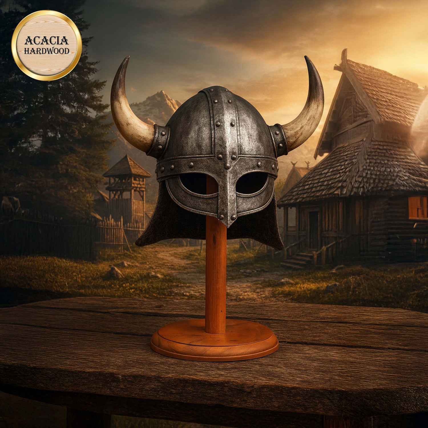 Mythrojan Wooden Helmet Stand Solid Medieval Roman Viking Helmet Display Stand Mask Display Templar Spartan Cosplay LARP Knight Stand - 13"