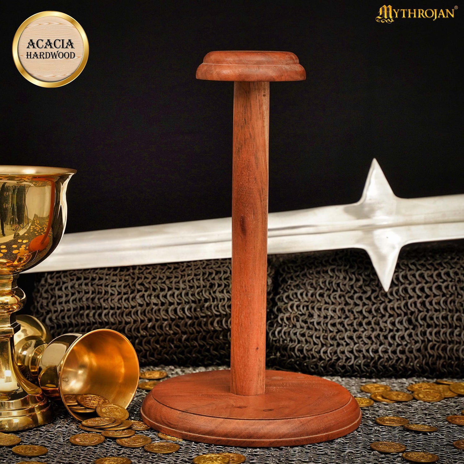 Mythrojan Wooden Helmet Stand Solid Medieval Roman Viking Helmet Display Stand Mask Display Templar Spartan Cosplay LARP Knight Stand - 13"