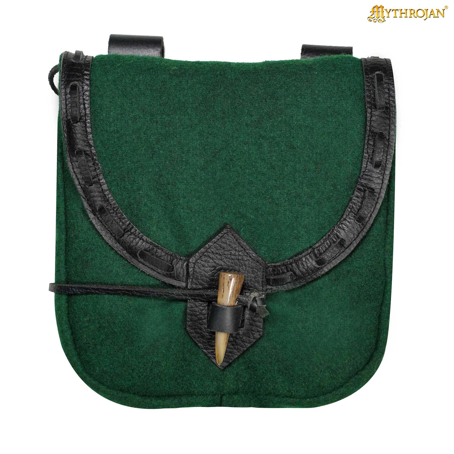 Mythrojan “The Adventurer’s” Belt Bag with Horn Toggle, Ideal for SCA LARP Reenactment &amp; Ren fair, Full Grain Leather and High - Quality Wool , Green , 8” × 7”