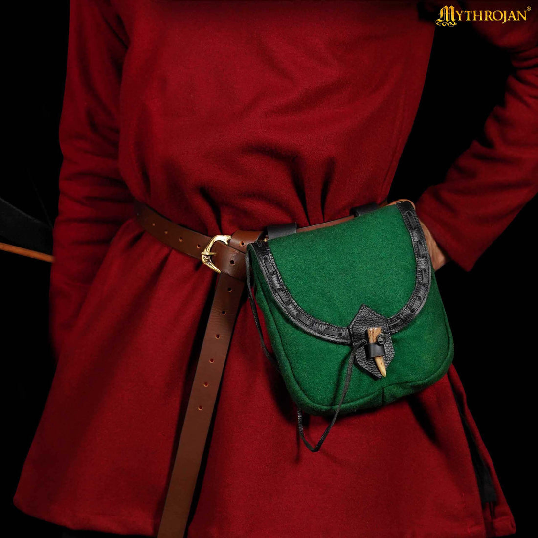 Mythrojan “The Adventurer’s” Belt Bag with Horn Toggle, Ideal for SCA LARP Reenactment &amp; Ren fair, Full Grain Leather and High - Quality Wool , Green , 8” × 7”