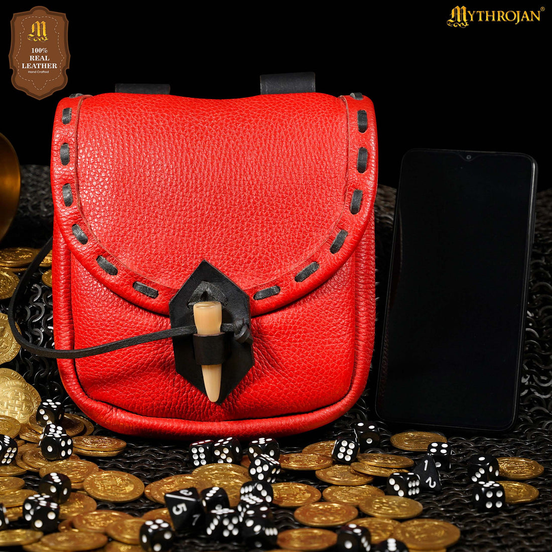 Mythrojan “The Adventurer’s” Belt Bag with Horn Toggle, Ideal for SCA LARP Reenactment &amp; Ren fair, Full Grain Leather, Red, 8”x 7”
