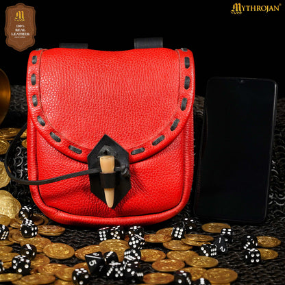 Mythrojan “The Adventurer’s” Belt Bag with Horn Toggle, Ideal for SCA LARP Reenactment &amp; Ren fair, Full Grain Leather, Red, 8”x 7”