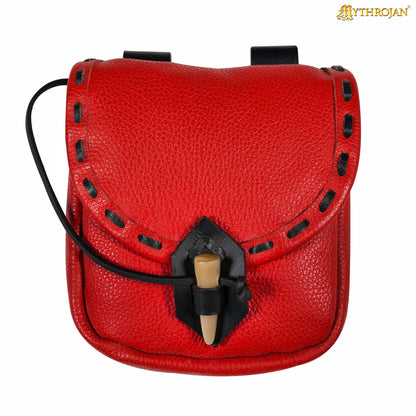 Mythrojan “The Adventurer’s” Belt Bag with Horn Toggle, Ideal for SCA LARP Reenactment &amp; Ren fair, Full Grain Leather, Red, 8”x 7”