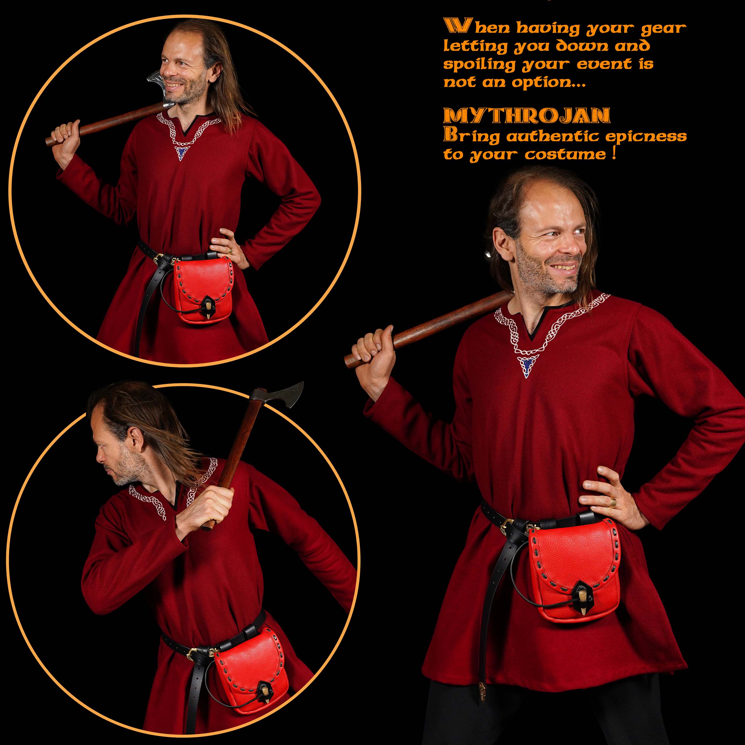 Mythrojan “The Adventurer’s” Belt Bag with Horn Toggle, Ideal for SCA LARP Reenactment &amp; Ren fair, Full Grain Leather, Red, 8”x 7”