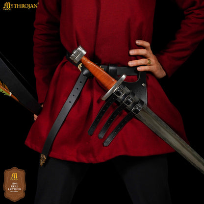 Mythrojan Renaissance Leather Sword Frog LARP Costume Accessory Rapier Knight Sword Belt - Black