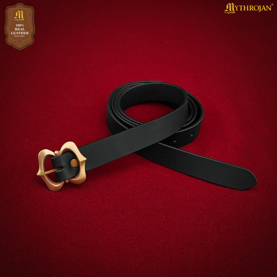 Mythrojan Medieval Leather Belt with Solid Brass Buckle, Ideal for LARP SCA Medieval Renaissance Knight Reenactment