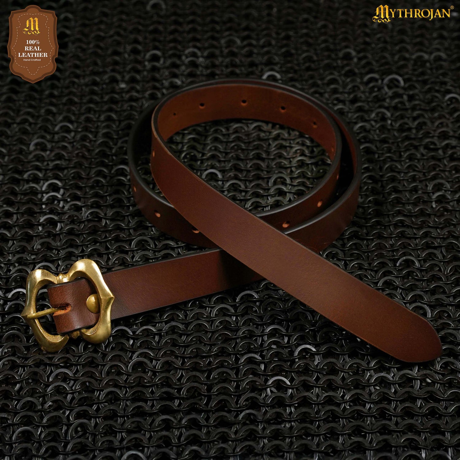 Mythrojan Medieval Leather Renaissance Viking Belt with Brass Buckle - Brown