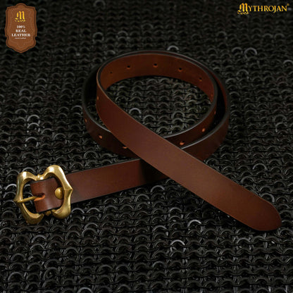 Mythrojan Medieval Leather Renaissance Viking Belt with Brass Buckle - Brown