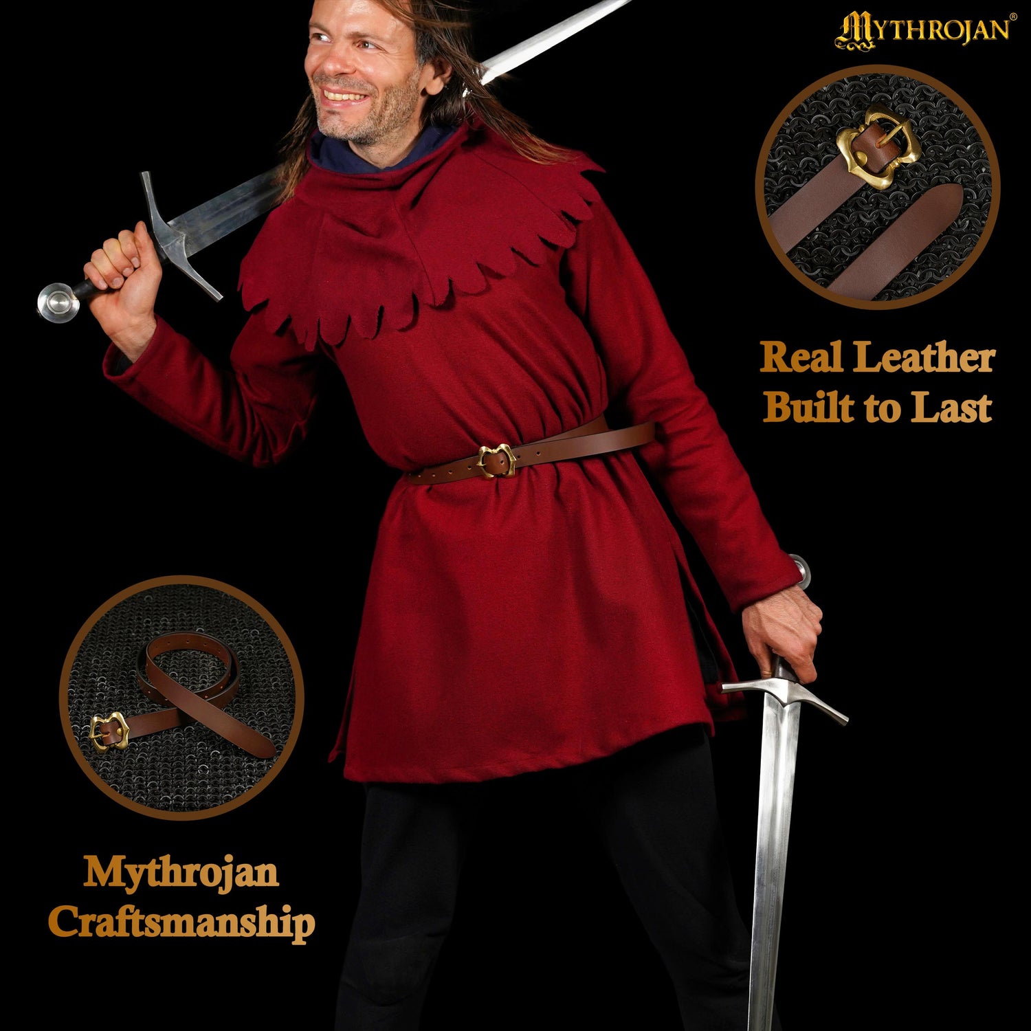 Mythrojan Medieval Leather Renaissance Viking Belt with Brass Buckle - Brown