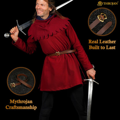 Mythrojan Medieval Leather Renaissance Viking Belt with Brass Buckle - Brown
