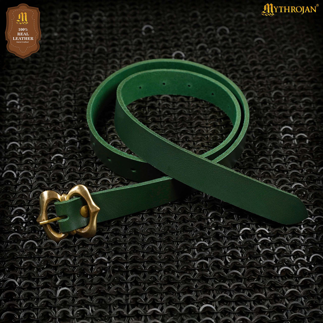 Mythrojan Medieval Green Leather Renaissance Viking Belt with Brass Buckle - Green